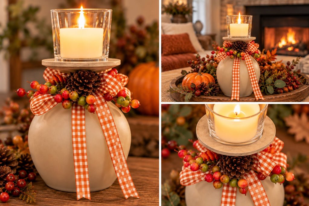 Fall Gingham Wine Glass Candle Holder