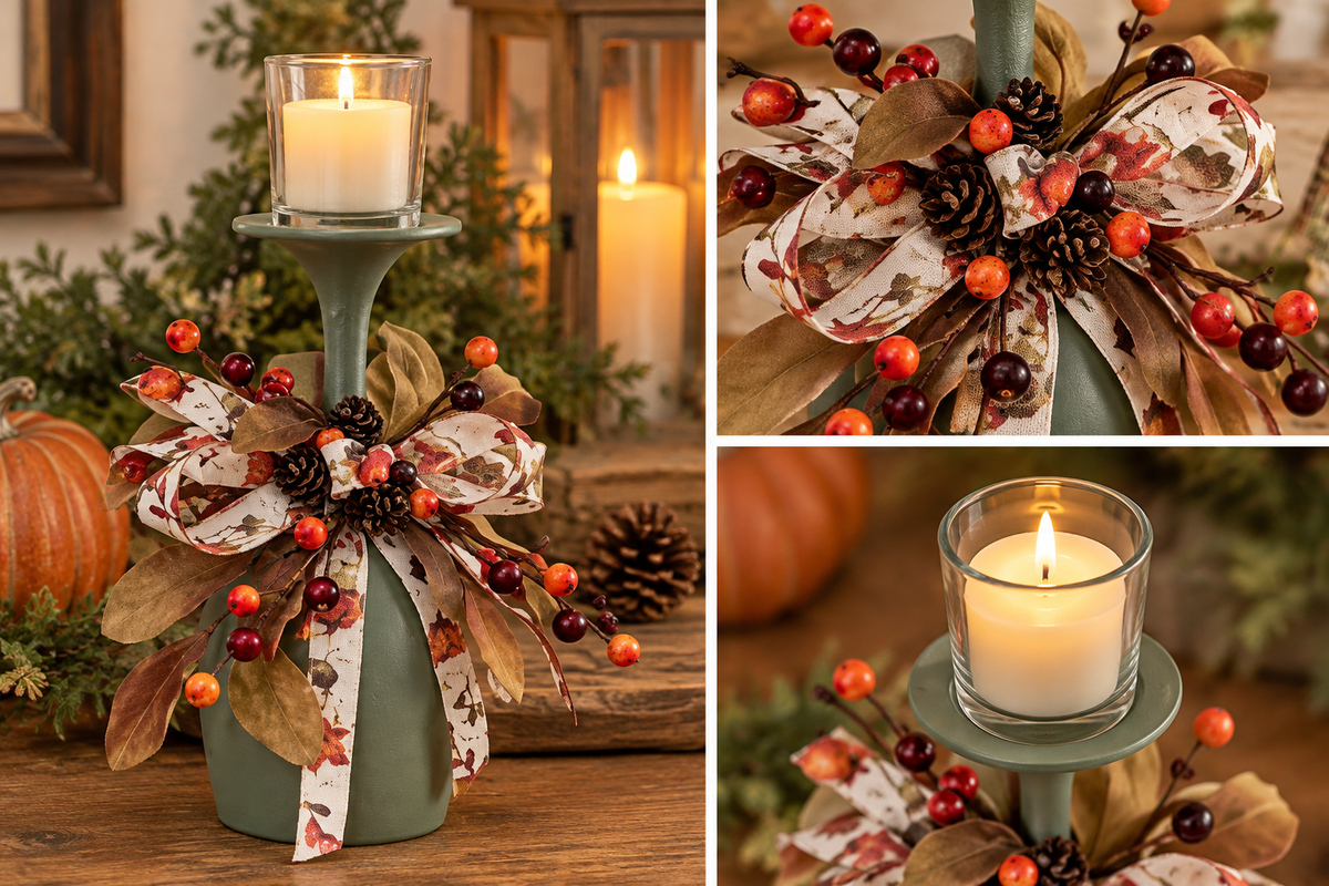 Fall Sage Green Wine Glass Candle Holder