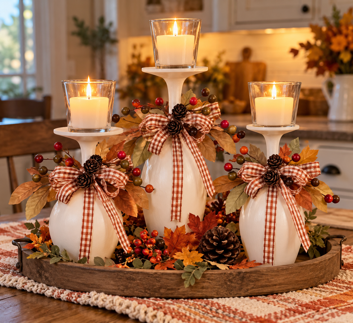 Fall Wine Glass Candle Holder, Burnt Orange Gingham & Autumn Leaves