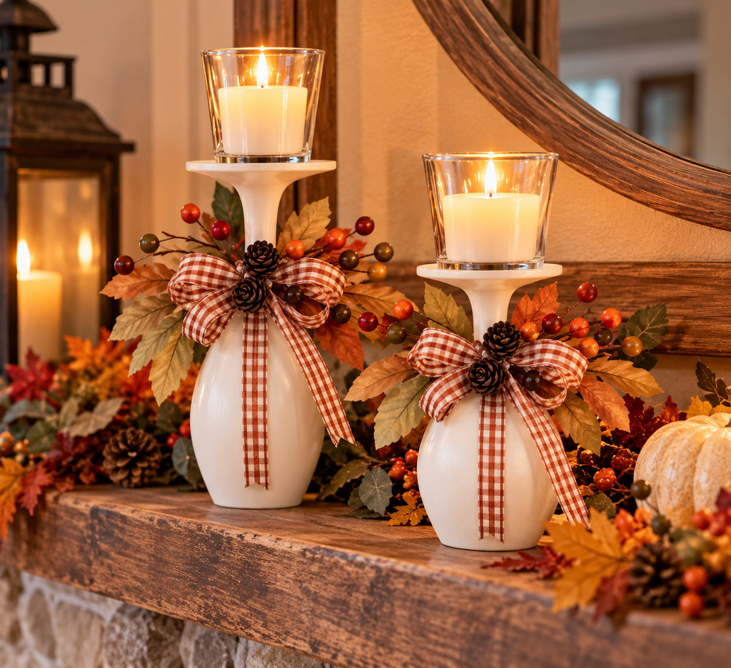 Fall Wine Glass Candle Holder, Burnt Orange Gingham & Autumn Leaves