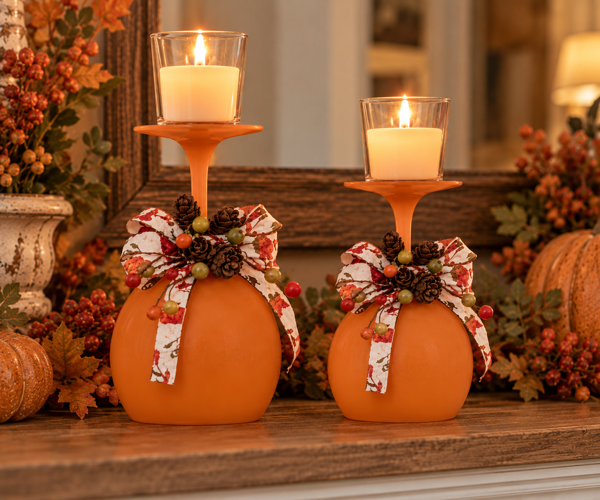 Rustic Wine Glass Candle Holder With Orange Autumn Bow