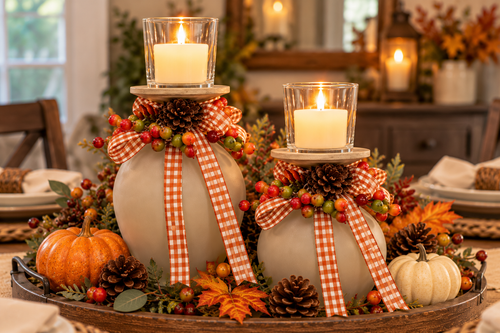 Fall Gingham Wine Glass Candle Holder