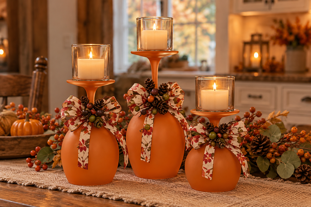 Rustic Wine Glass Candle Holder With Orange Autumn Bow