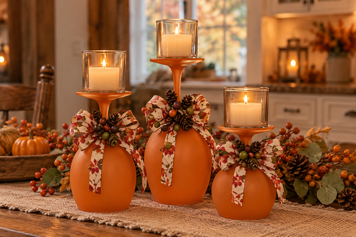 Rustic Wine Glass Candle Holder With Orange Autumn Bow