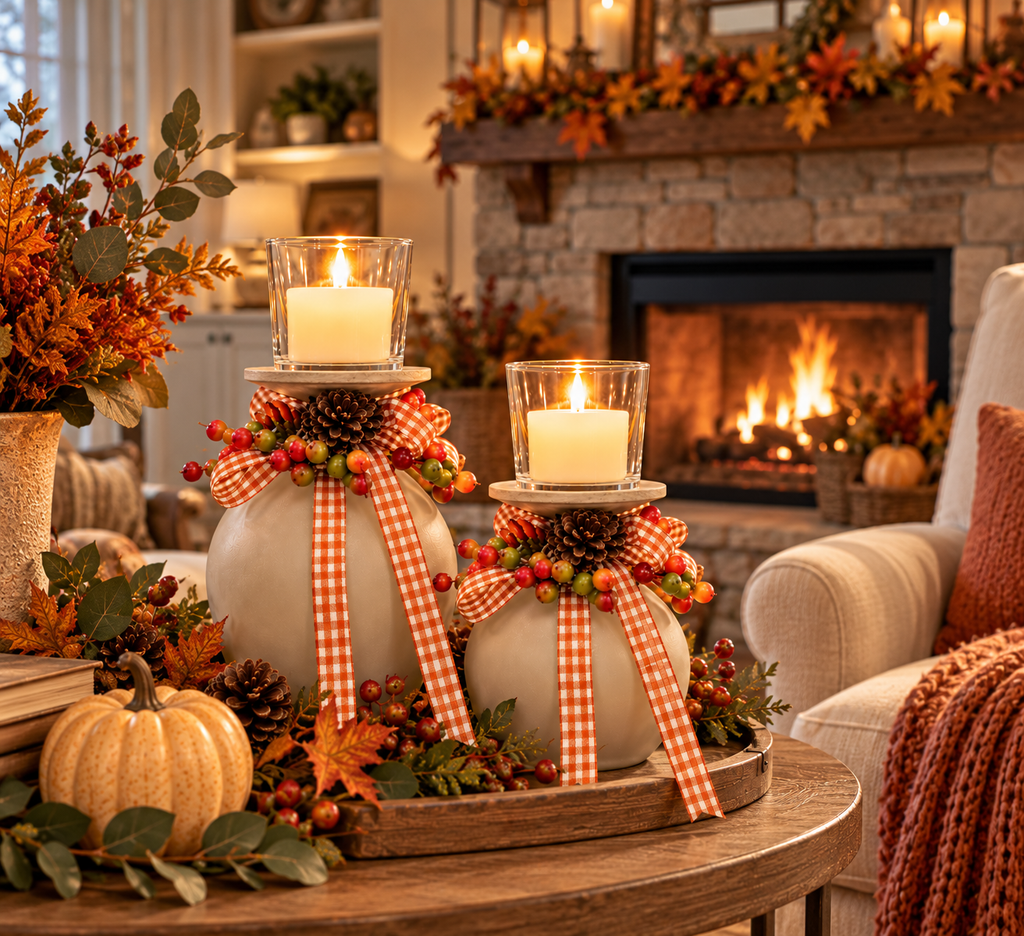 Fall Gingham Wine Glass Candle Holder