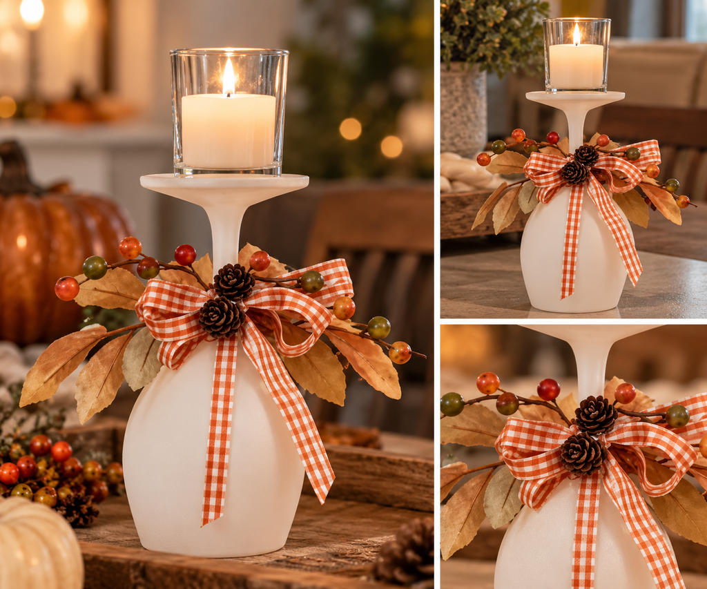 Fall Wine Glass Candle Holder, Burnt Orange Gingham & Autumn Leaves