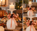 Fall Wine Glass Candle Holder, Burnt Orange Gingham & Autumn Leaves
